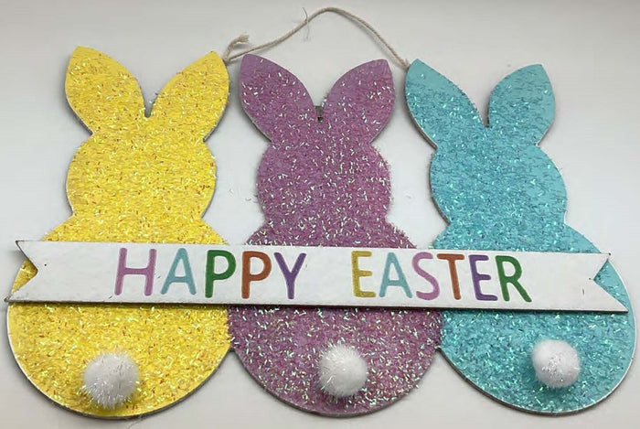 16″ Glittered Easter Bunny Wood Wall Hanging - Yellow/Purple/Blue
