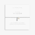A Littles & Co A Little Wisdom bracelet displayed on sentiment card with silver beads, wisdom charm, and pearl