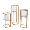 Antique Gold Metal Holder With Textured Glass Cylinder - Set of 3