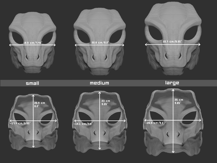 Size chart for an Argonian mask or fursuit base with measurements labeled for small, medium, and large sizes on a dark background.