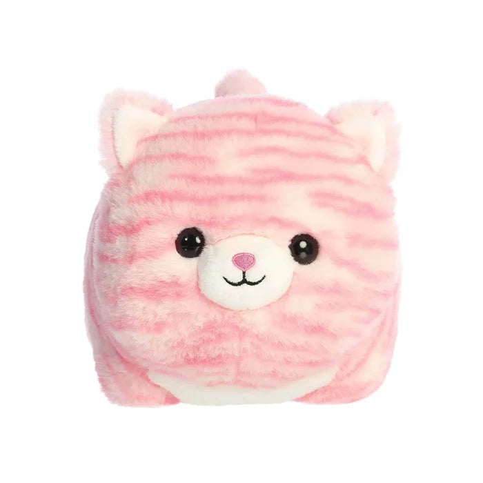 Pink striped cat plush toy resting on a white background, showcasing its soft texture and playful design.