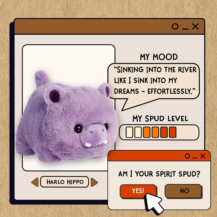 Aurora World Harlo Hippo Spudsters plush character card with spirit spud design