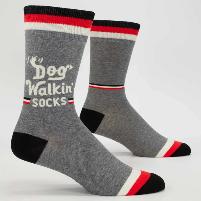 Gray socks with red and black accents and 'Dog Walking Socks' text on a white background