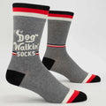 Gray socks with red and black accents and 'Dog Walking Socks' text on a white background