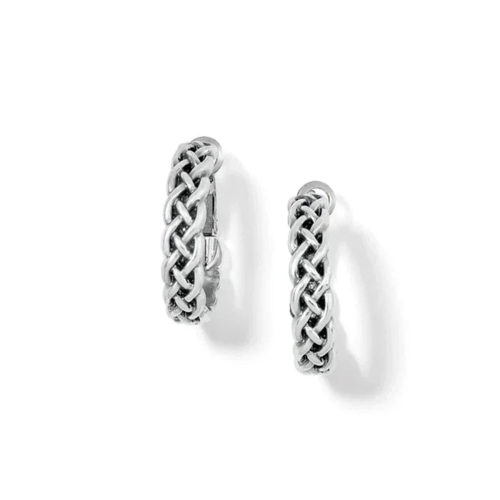 Elegant silver hoop earrings showcasing a unique braid design.