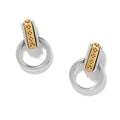 Elegant mosaic two-tone mini drop earrings featuring a textured design with mixed metal finishes.