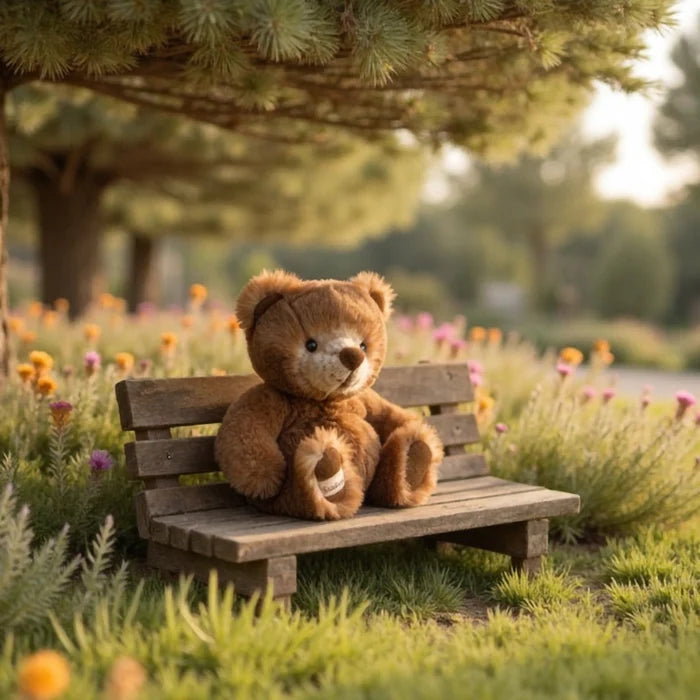 Bukowski Baby Ranger teddy bear sitting on a wooden bench outdoors, soft brown plush toy in a garden setting