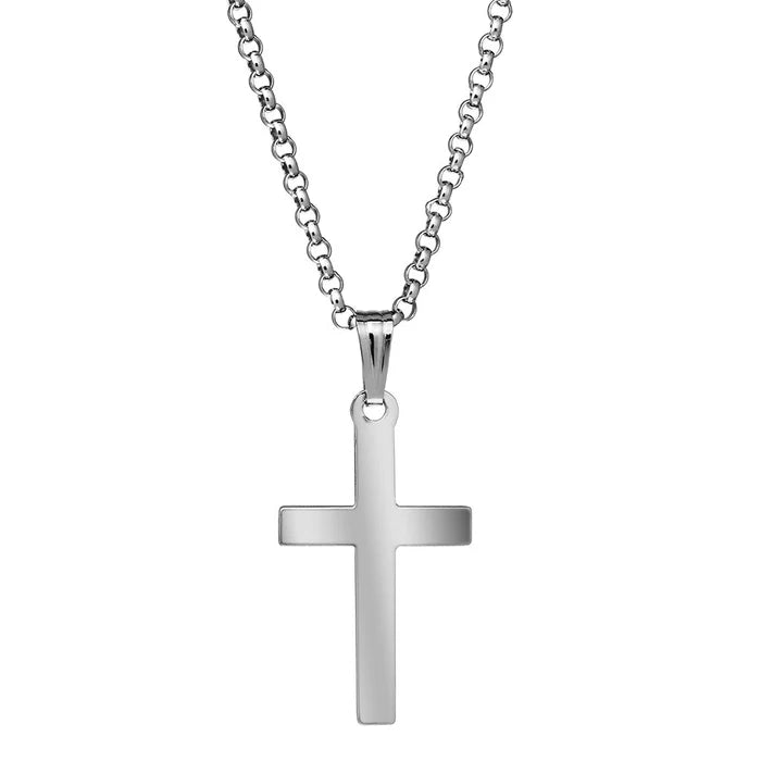 Silver cross pendant on a chain against a white background