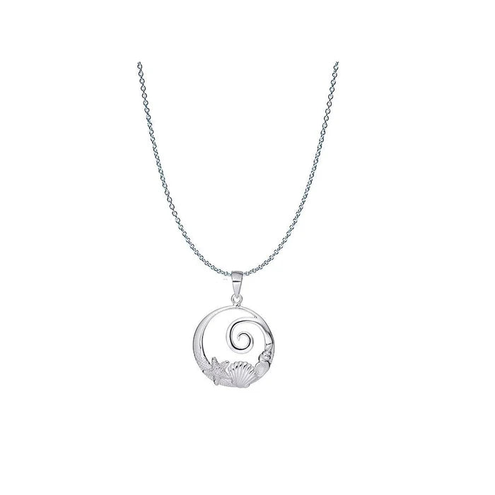 Silver necklace with a spiral pendant on a white background
