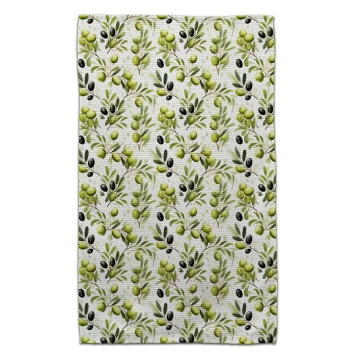 This CJ Bella Green &amp; Black Olives Waffle Weave Towel brings Mediterranean charm to your kitchen.