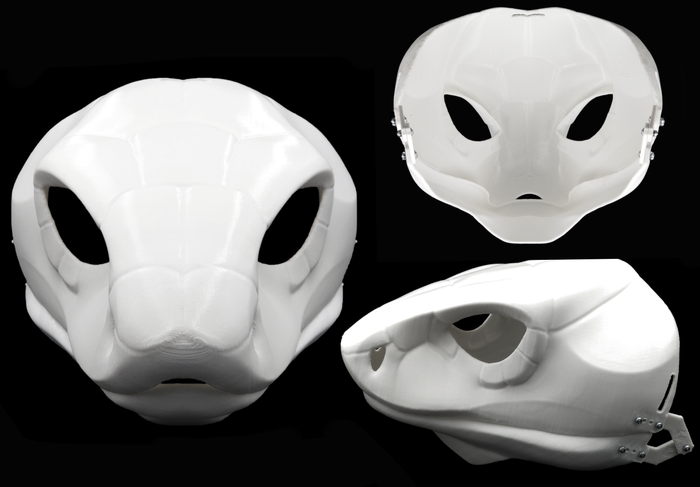 Photo collage showing a white, plastic 3D printed cobra snake fursuit head base complete with metal hardware featuring a front, side, and back view against a black background.