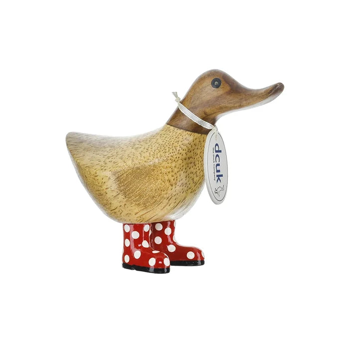 "DCUK Spotty Boots Ducky hand-carved bamboo root duck figurine with spotty boots that are red