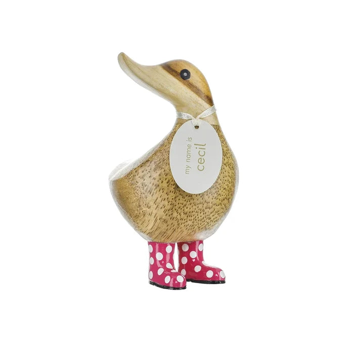 "DCUK Spotty Boots Ducky hand-carved bamboo root duck figurine with spotty boots that are pink