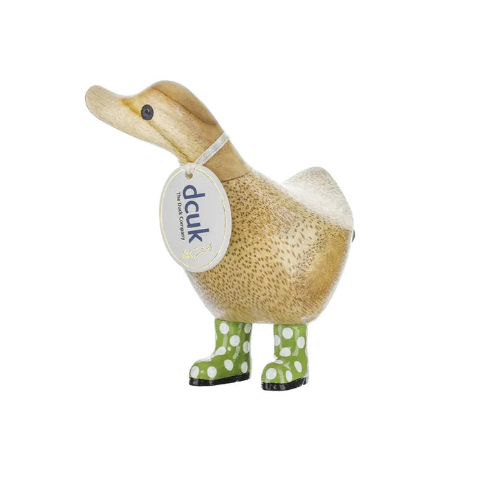 "DCUK Spotty Boots Ducky hand-carved bamboo root duck figurine with spotty boots, Lime green