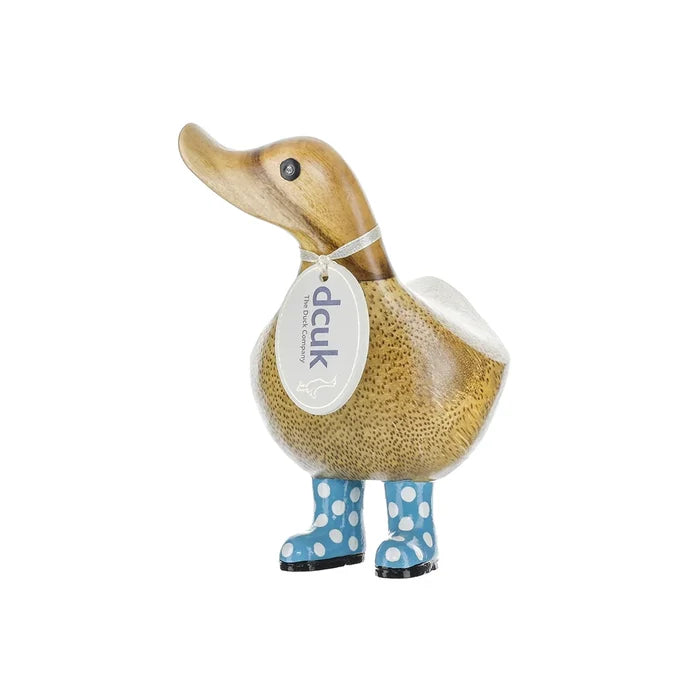 "DCUK Spotty Boots Ducky hand-carved bamboo root duck figurine with spotty boots that are  baby blue