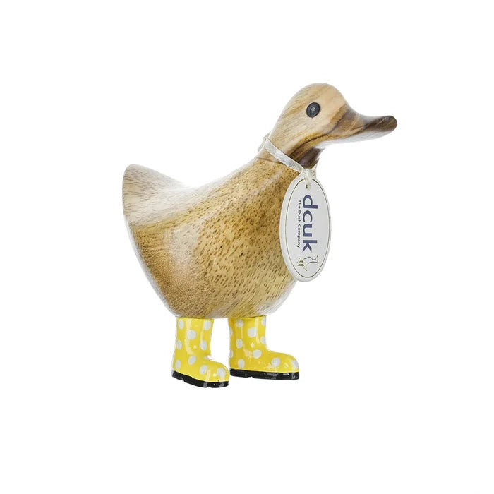 "DCUK Spotty Boots Ducky hand-carved bamboo root duck figurine with spotty boots that are yellow