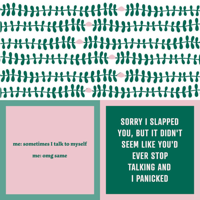 Two sided napkins Two text boxes with humorous quotes on a patterned background