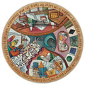 A circular illustrated lazy susan or featuring a whimsical winter mountain scene with cabins, snow, stars, a crescent moon, and handwritten-style text around the edge.