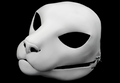 Photo showing a white, plastic 3D printed small feline fursuit head base complete with metal hardware at a 3/4 angle against a black background.