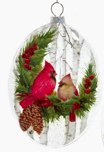 Glass Cardinal ornament, 2 birds