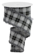 Gray & Black Plaid w/ Fraied Edge Wired Ribbon - 2.5" x 10yds