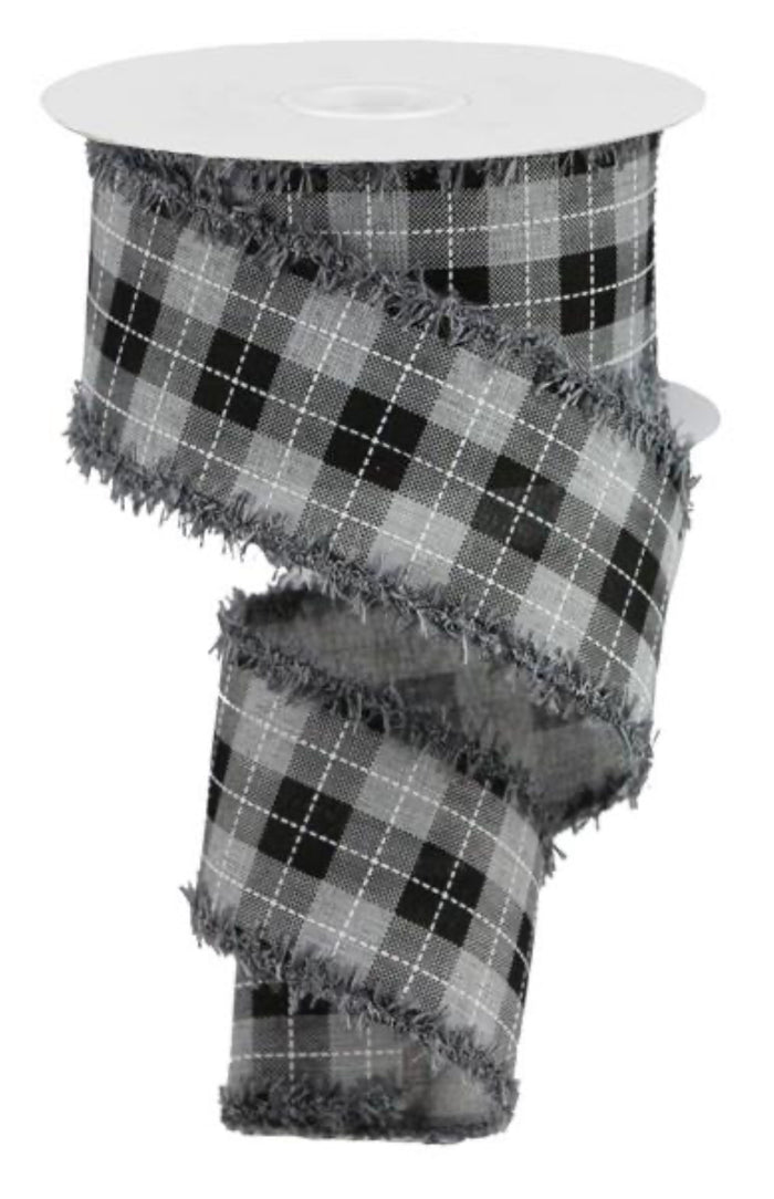 Gray & Black Plaid w/ Fraied Edge Wired Ribbon - 2.5" x 10yds