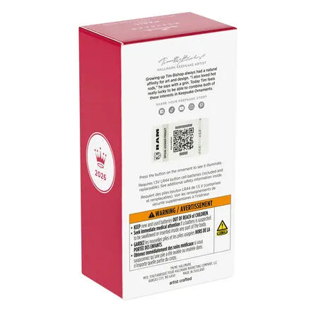 Back of Hallmark Keepsake box featuring 2026 crown emblem and safety warning label