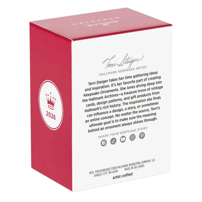 Hallmark Keepsake Ornament box with red and white design, featuring text and Hallmark logo.