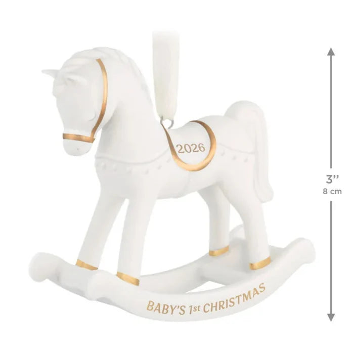 White rocking horse with gold accents and 'Baby's 1st Christmas' text, featuring dimensions on a white background.