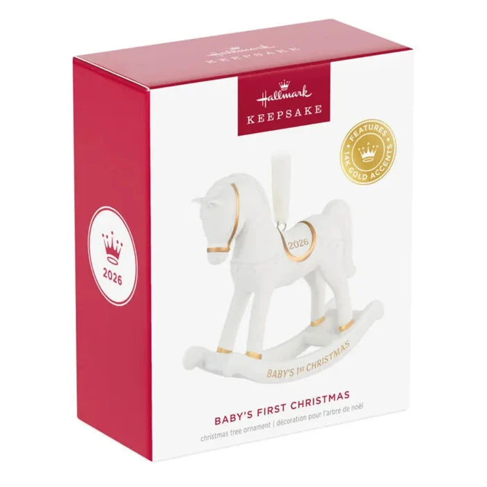 Hallmark Keepsake ornament packaging with a rocking horse design on a white background