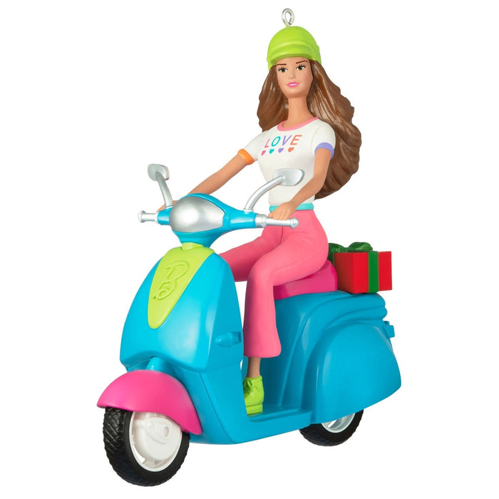 2026 Hallmark Barbie Fashionistas scooter ornament with lime green helmet and blue pink scooter