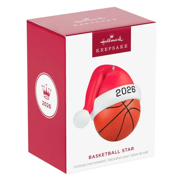 Front retail box for 2026 Hallmark Keepsake Basketball Star ornament with crown emblem and bilingual text