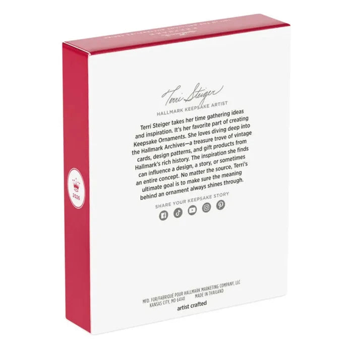 Back of a Hallmark Keepsake Ornament box with text and branding.