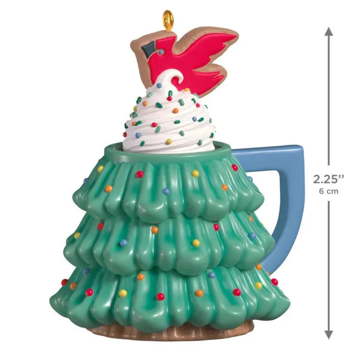 2.25 inch glossy porcelain tree mug ornament with blue handle, rainbow sprinkles, and cardinal cookie