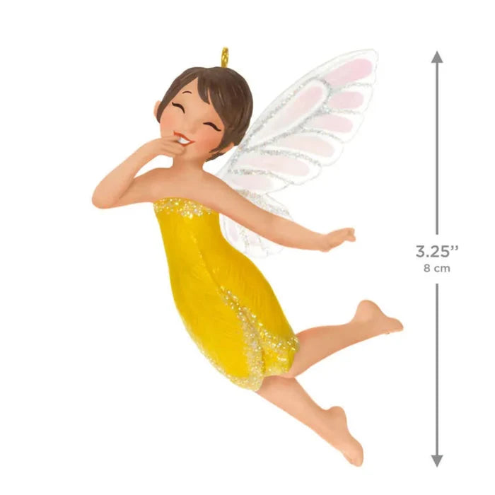 Fairy figurine with yellow dress and white wings, shown with dimensions on a white background