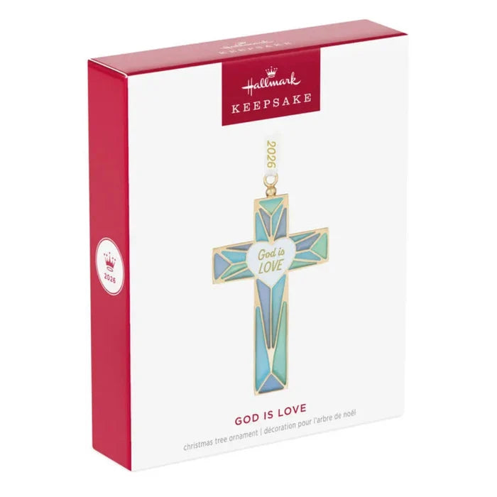 Hallmark Keepsake Christmas ornament packaging with cross design and 'God is Love' text.