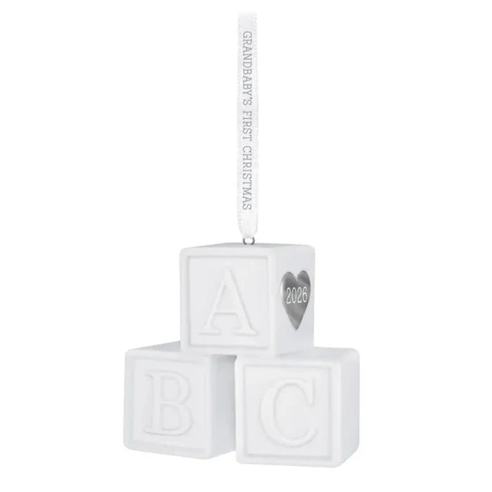 White baby blocks ornament with 'Grandbaby's First Christmas 2026' text on a white background