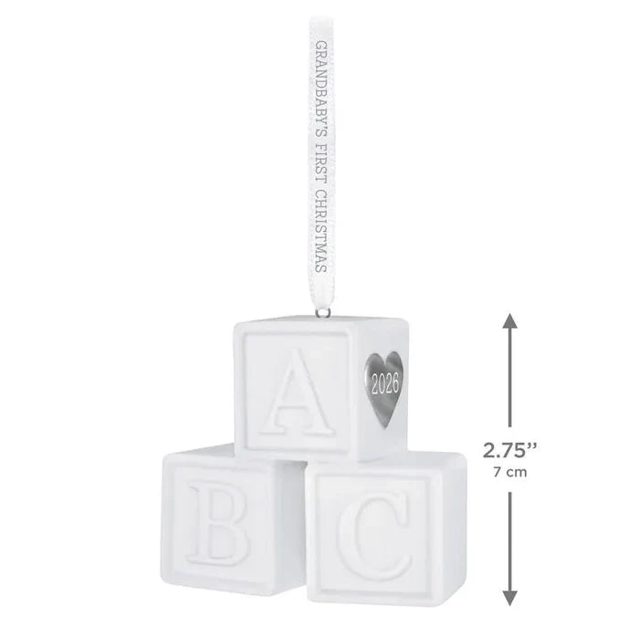 Hallmark 2026 Grandbaby's First Christmas porcelain ornament with stacked ABC blocks, silver heart detail, and embossed ribbon hanger