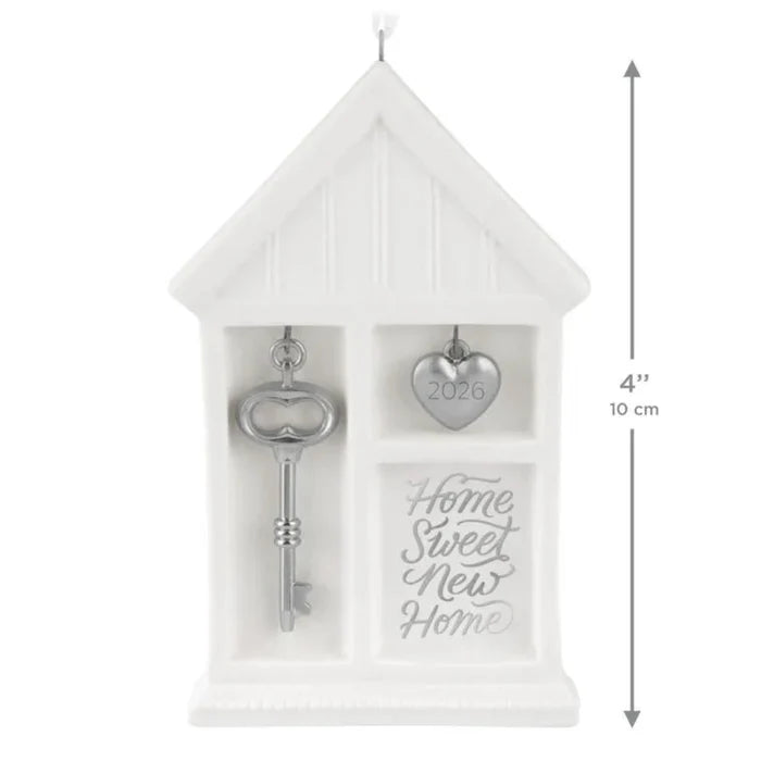 White decorative box with key and heart-shaped tag, labeled 'Home Sweet New Home', with dimensions indicated.