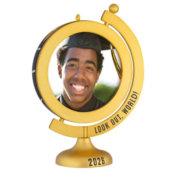 Gold graduation-themed photo frame with a person's face inside, labeled 'Look Out, World! 2026'.