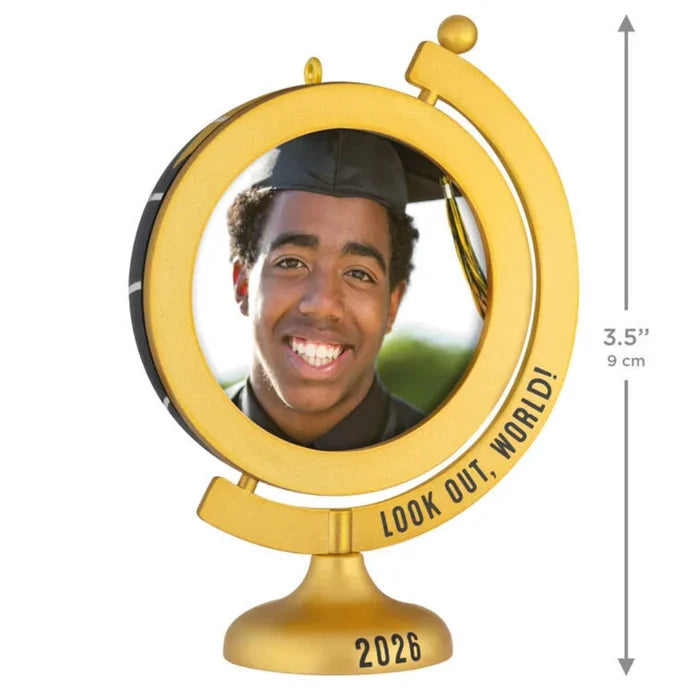 Gold graduation-themed photo frame with a person's face inside, labeled 'Look Out, World! 2026'.