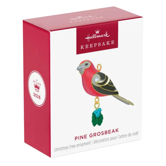 Hallmark Pine Grosbeak Christmas tree ornament packaging on a white background