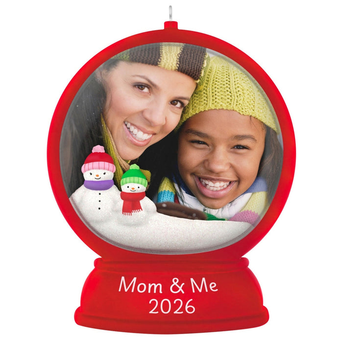 Front view of red Hallmark 2026 Mom and Me snow globe ornament with two snowmen and photo insert