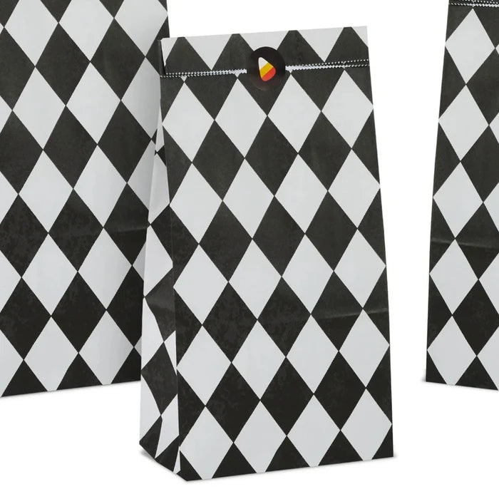 Hallmark Black Checkered Halloween Paper Goodie Bags with Stickers, Pack of 13