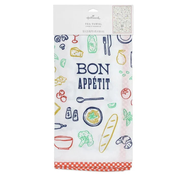 Tea towel with food-themed illustrations and 'Bon Appetit' text on a white background