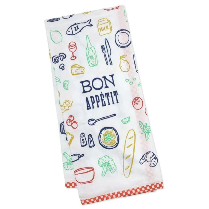 Kitchen towel with food-themed illustrations and 'Bon Appetit' text on a white background