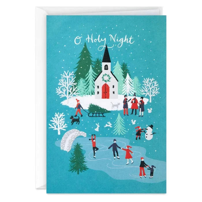 Christmas card with a snowy village scene, church, and people skating and playing outside.