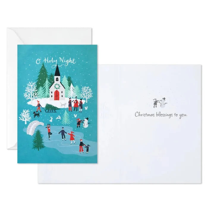 Christmas card with a winter scene, church, and people skating on ice.