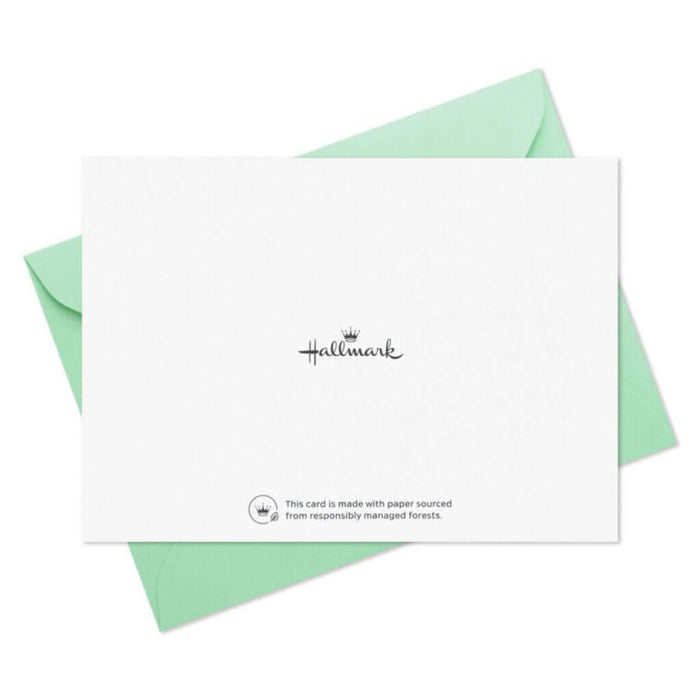 Backside of a hallmark "thank you card  with green envelope and Hallmark logo on a white background