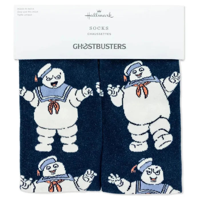 Pair of Ghostbusters-themed socks with character design on a navy background, featuring the Hallmark brand.